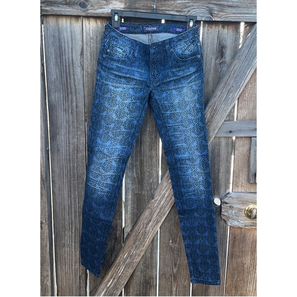 Vigoss The Jagger Super Skinny Jeans Blue Black Damask Flocked Print Womens 24